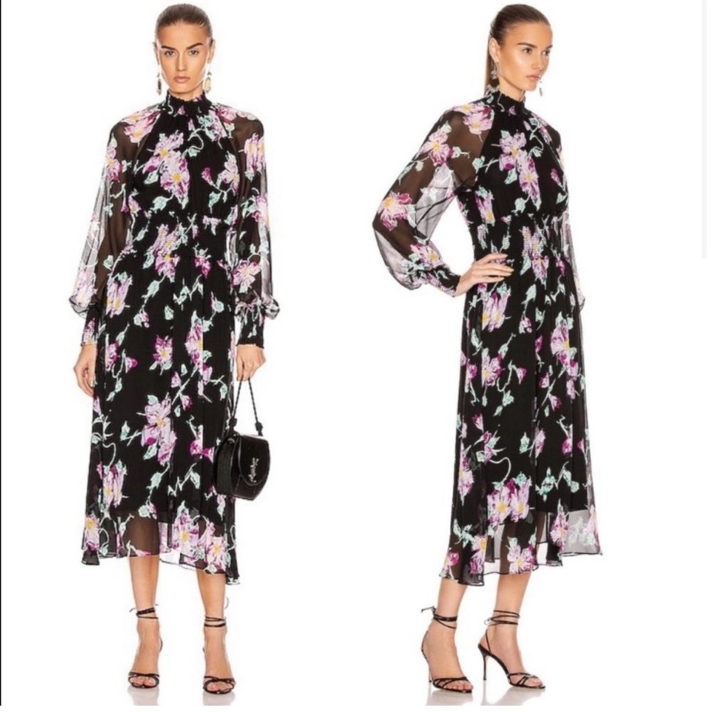 A.L.C. Casey Black 100% Silk Floral Midi Dress Size 0